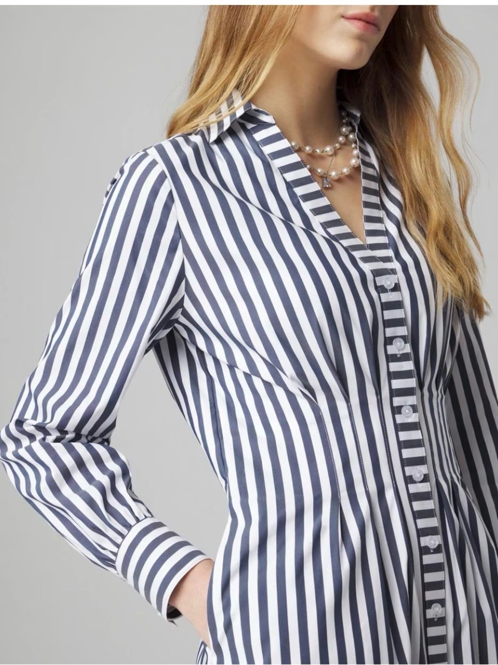 White House Black Market Navy & White Striped Poplin Shirt Dress - Picture 3 of 9